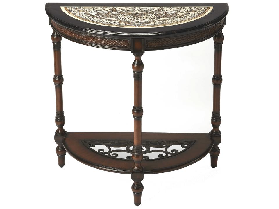 Fabiola Demilune Console Table in Metalworks Finish with Fossil Stone Top