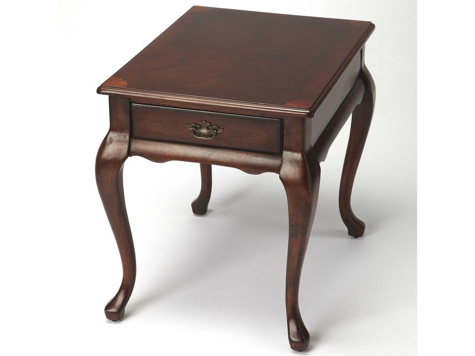 Plantation Cherry Rectangular End Table with Drawer and Inlaid Top