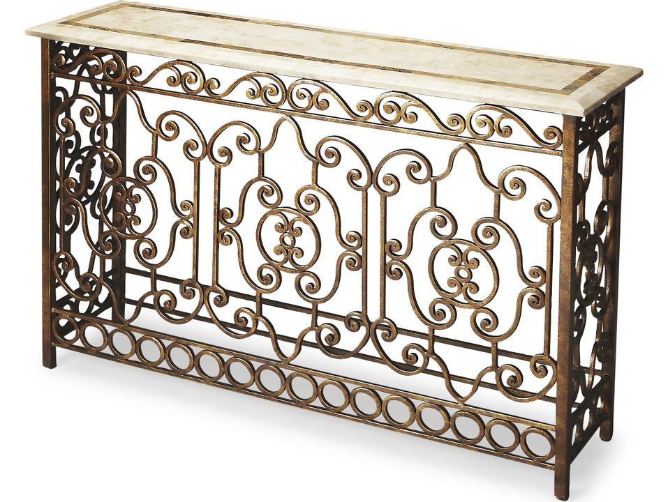 Contessa Console Table in Antique Gold with Fossil Stone and Snakeskin Inset