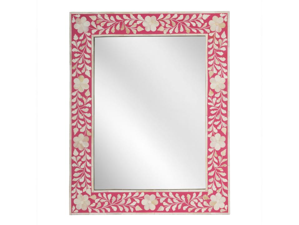 Vivienne Rectangular Bone Inlay Wall Mirror with Floral Pattern in Pink and White