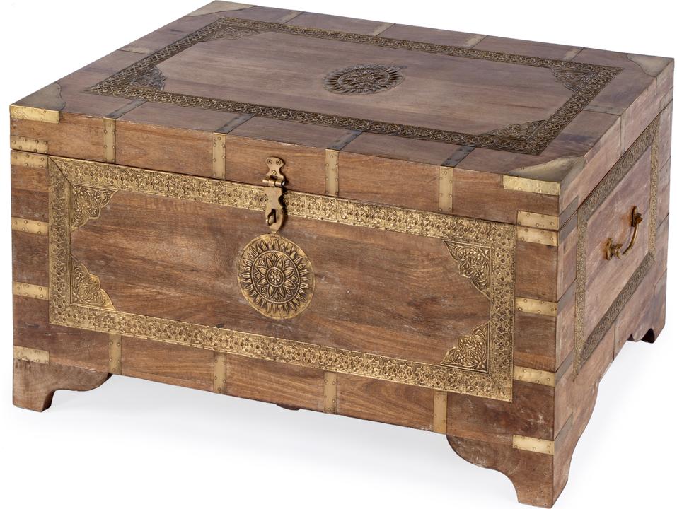 Nador Rectangular Coffee Table in Mango Wood with Brass Inlay Light Brown Finish