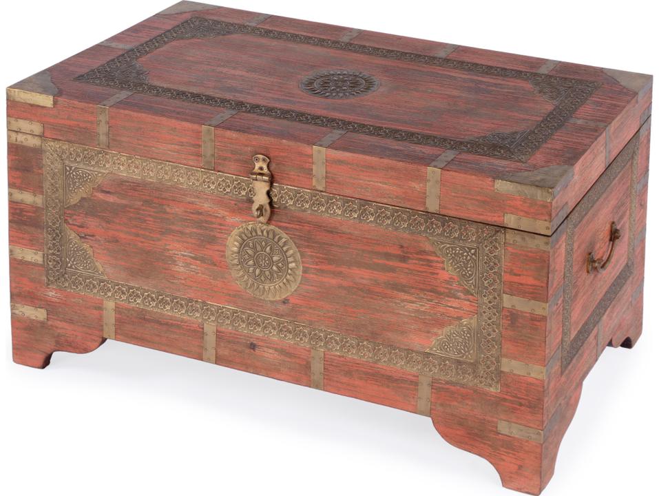 Nador Hand Painted Brass Inlay Storage Trunk Coffee Table in Pink