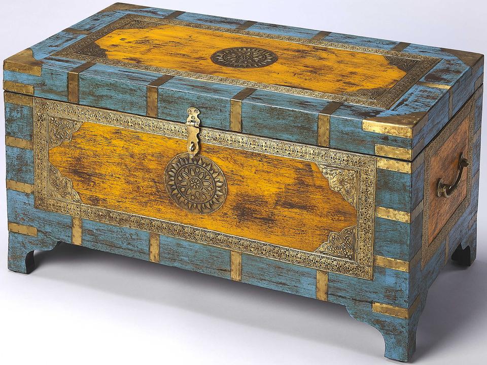 Specialty Nador Hand Painted Storage Trunk Coffee Table with Brass Inlays