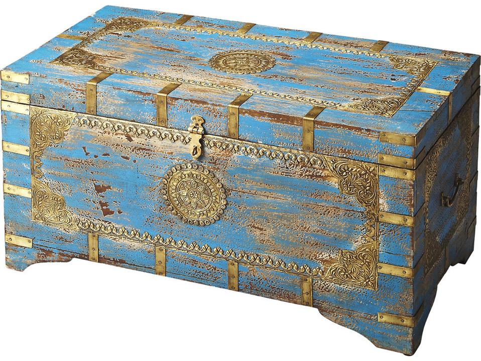 Neela Artifacts Collection Storage Trunk in Distressed Blue Mango Wood