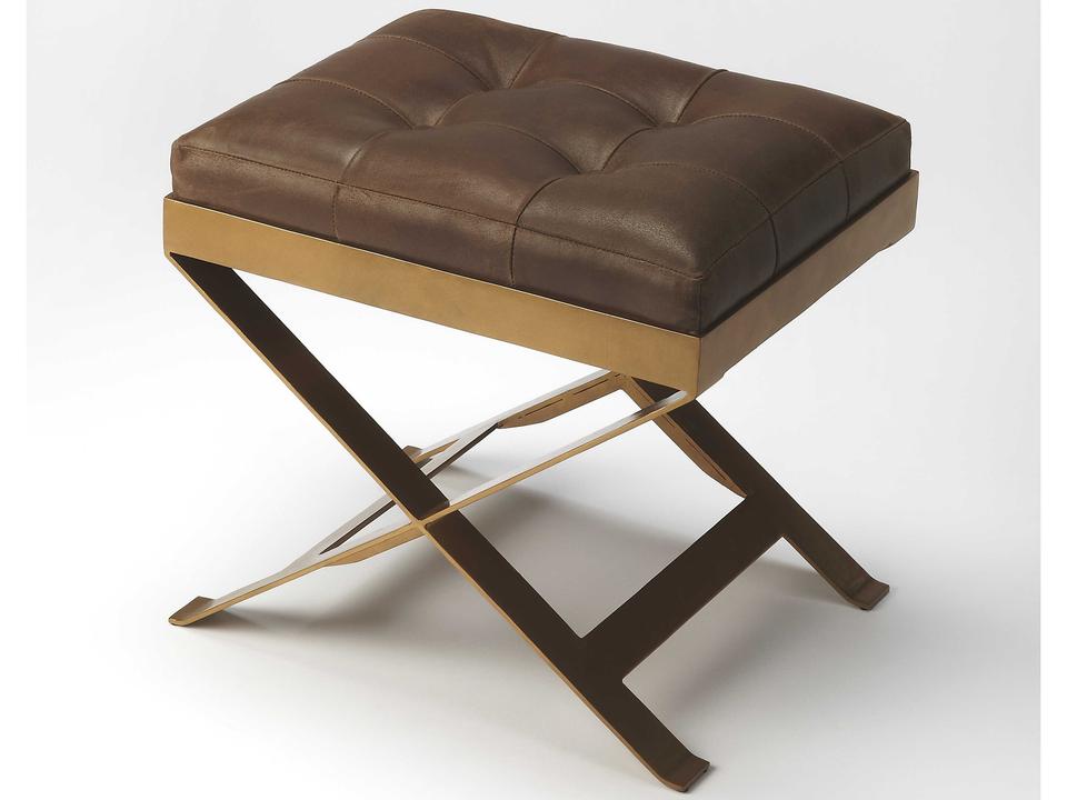 Specialty Rodrigo Leather Accent Stool in Caramel with Brass Metal Frame