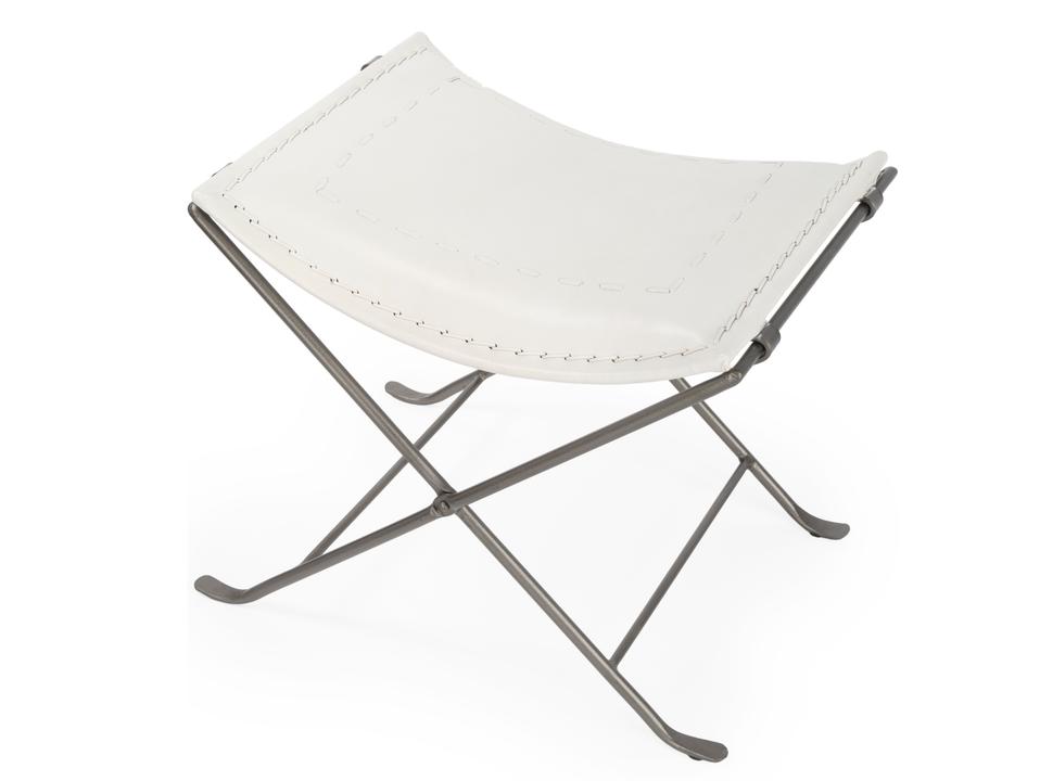 Melton White Leather Accent Stool with Folding Iron Base