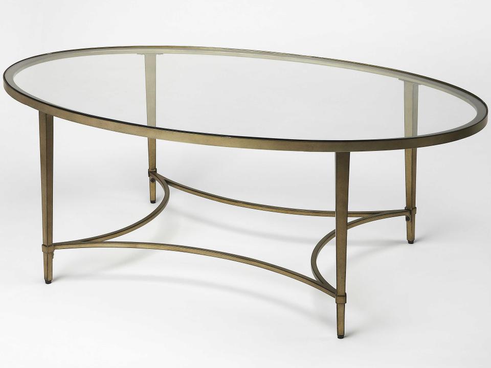 Monica Oval Coffee Table in Antique Gold and Tempered Glass