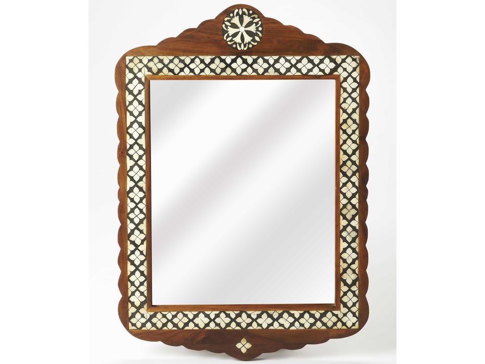 Gabby Arched Wall Mirror in Brown Wood with Off-White Bone Inlay