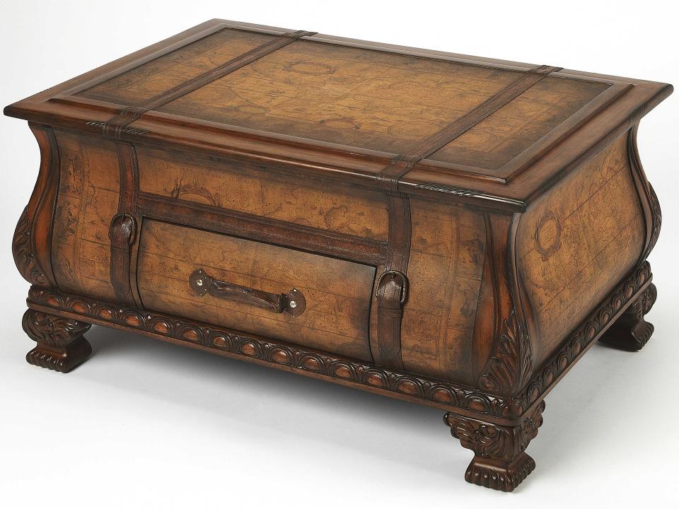 Vasco Bombe Trunk Coffee Table with Old World Map Top in Light Brown