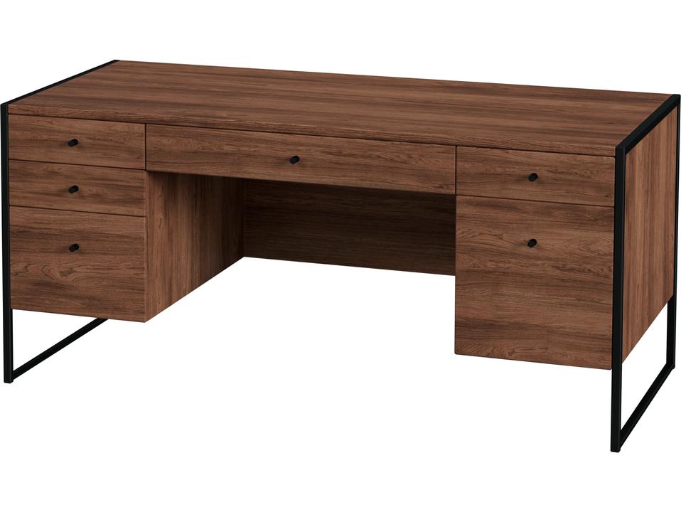 Drake 6-Drawer Rectangular Executive Desk in Medium Walnut and Black
