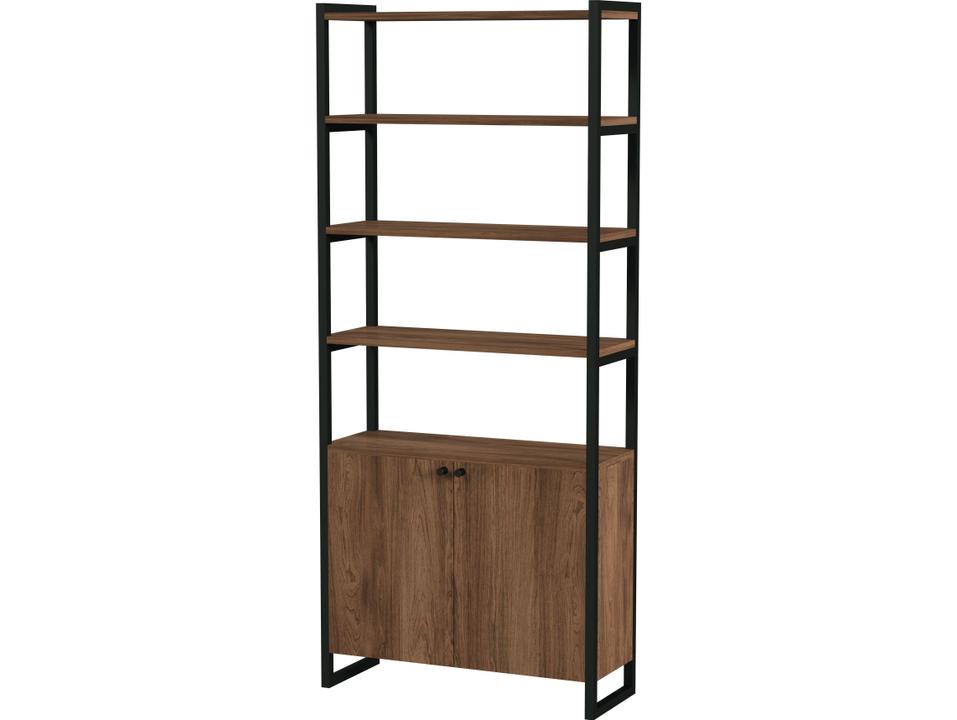 Drake 73 Inch Walnut Veneer Two-Door Bookcase with Black Steel Frame