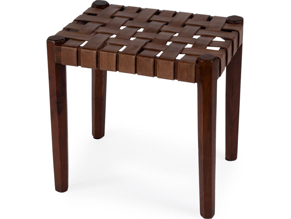 Kerry Woven Leather Accent Bench Stool in Dark Brown Acacia Wood