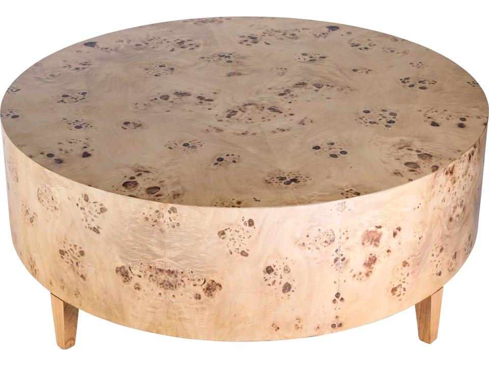 Specialty Billie Round Coffee Table in Light Burl Mappa Burl Veneer