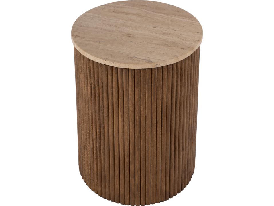 Ruby Round Side Table in Fluted Travertine and Natural Mango Wood