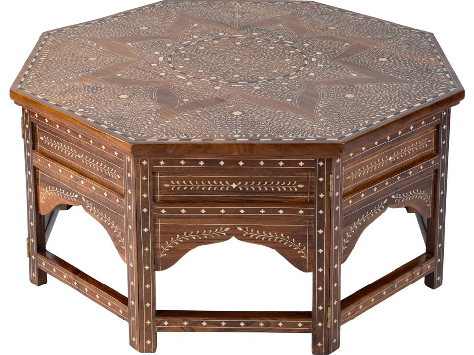 Mandore Octagon Coffee Table in Distressed Brown Teak and Bone Inlay