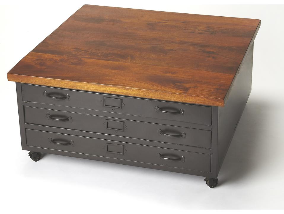 Galvin Square Industrial Chic Coffee Table with Drawers and Casters