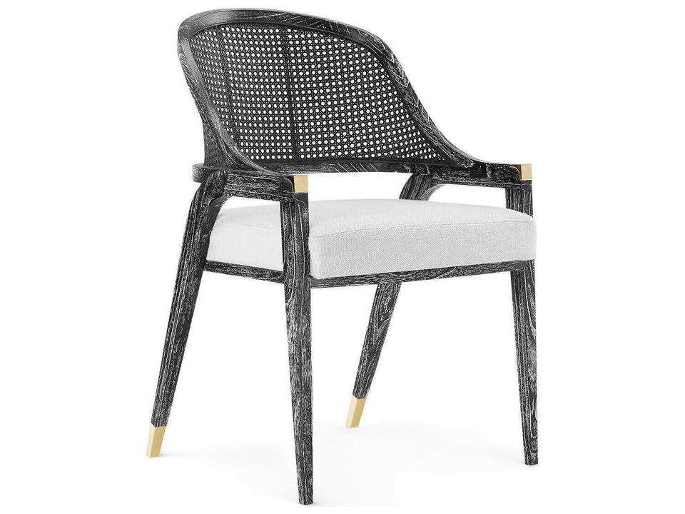 Edward Upholstered Arm Dining Chair in Jet Black Mahogany with Brass Accents