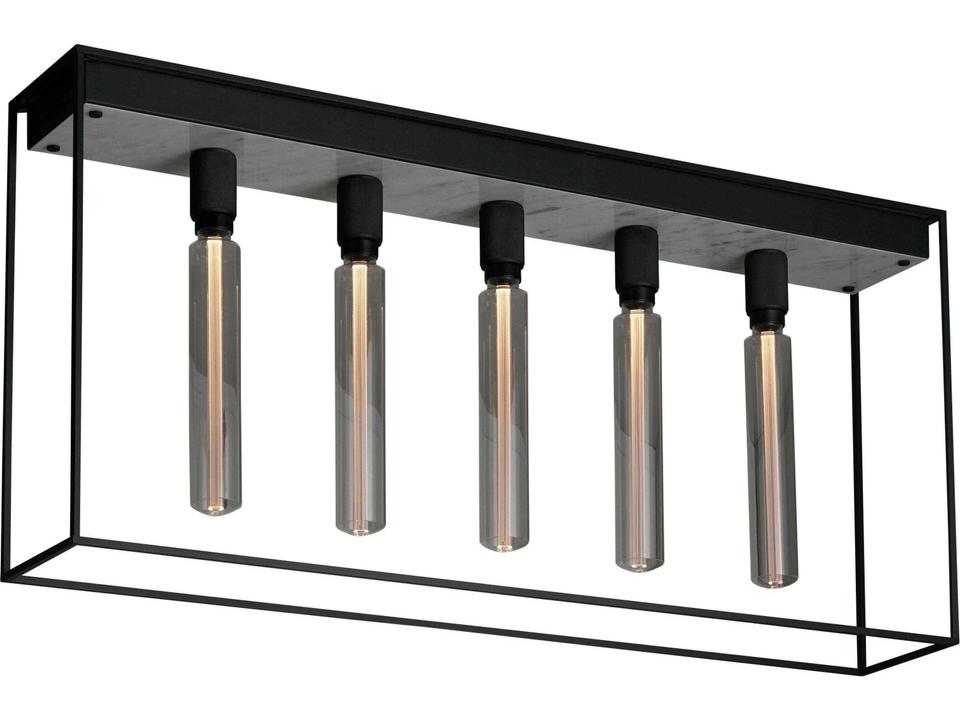 5-Light Caged Linear Pendant in Black Steel and White Marble