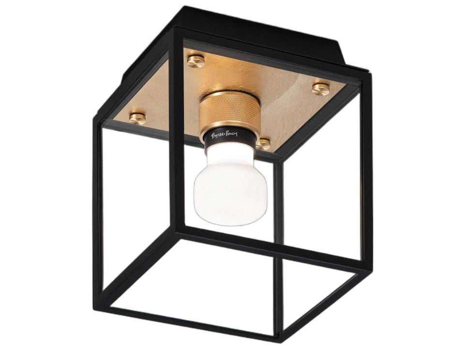 Caged Small Wet Rated Flush Mount Ceiling Light in Brass with Glass Cage