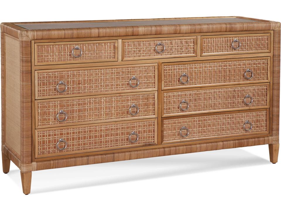 Naples Nine Drawer Dresser with Glass Top in Brown Rattan