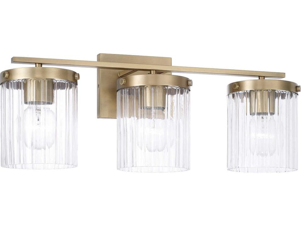 Vaughn 3-Light Vanity Wall Light in Aged Brass with Clear Beveled Fluted Glass