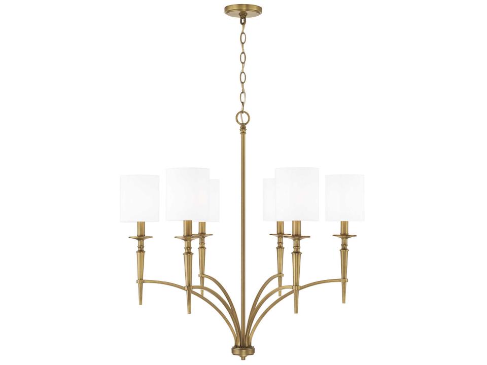 Abbie 6-Light Chandelier in Aged Brass with White Fabric Shades