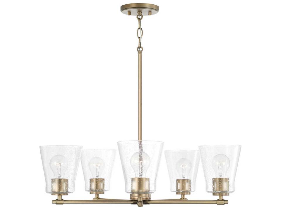 5-Light Baker Chandelier with Clear Seeded Glass in Aged Brass