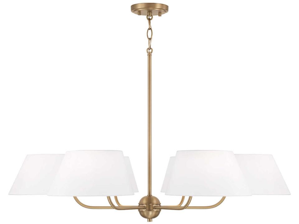 6-Light Welsley Chandelier in Aged Brass with White Fabric Shades