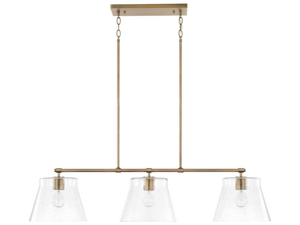 3-Light Baker Linear Chandelier in Aged Brass with Clear Seeded Glass