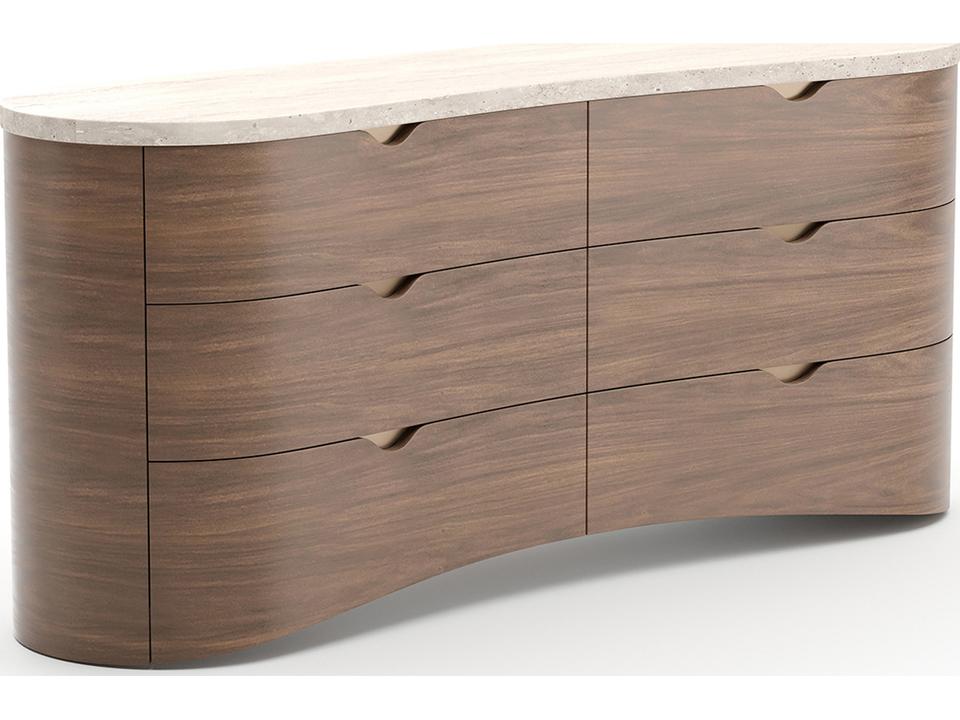 Fleur 6-Drawer Dresser in Porcini with Travertine Top and Gold Hardware