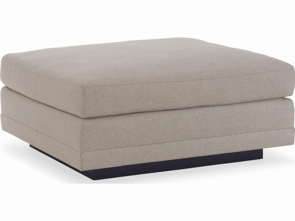 Modern Fusion Upholstered Ottoman in Neutral Textured Tweed with Simply Black Plinth Base