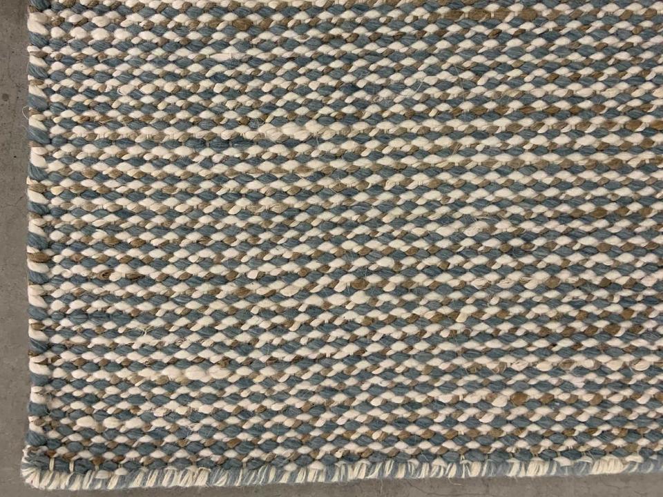 Hazel Hand-Woven Wool Polyester Cotton Blend Area Rug in Blue Natural and White