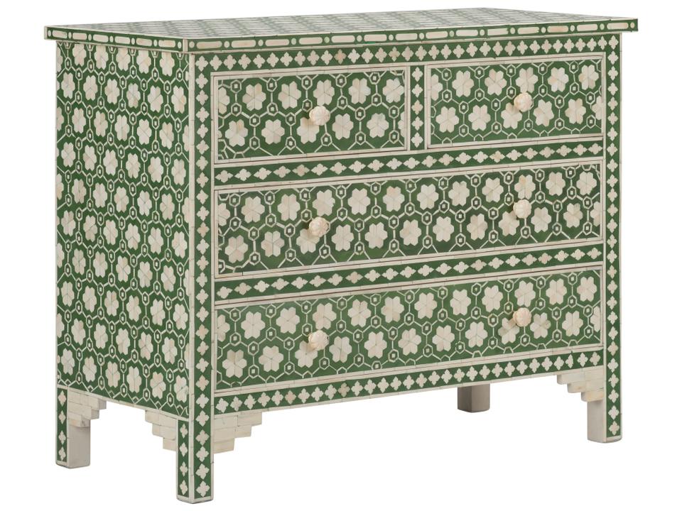 Clark 4-Drawer Inlaid Chest in Green and White Cream
