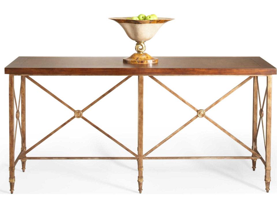Overland Console Table with Cherry Veneer Top and Antique Gold Metal Base
