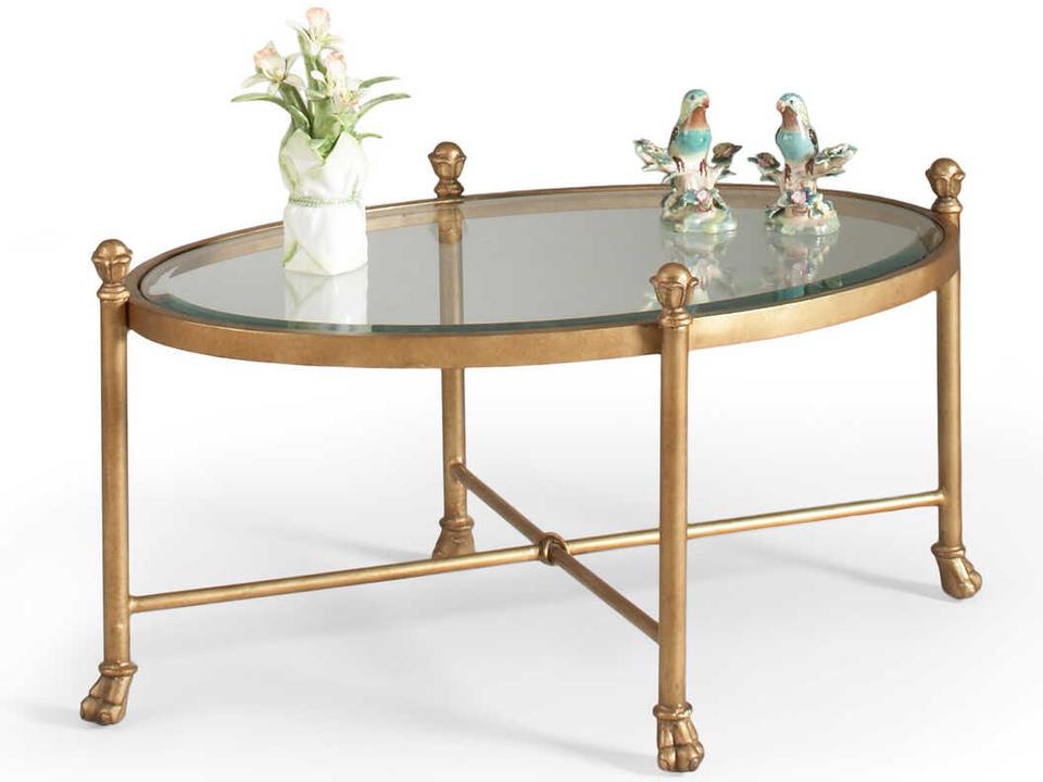 Gordon Oval Coffee Table with Antique Gold Base and Glass Top