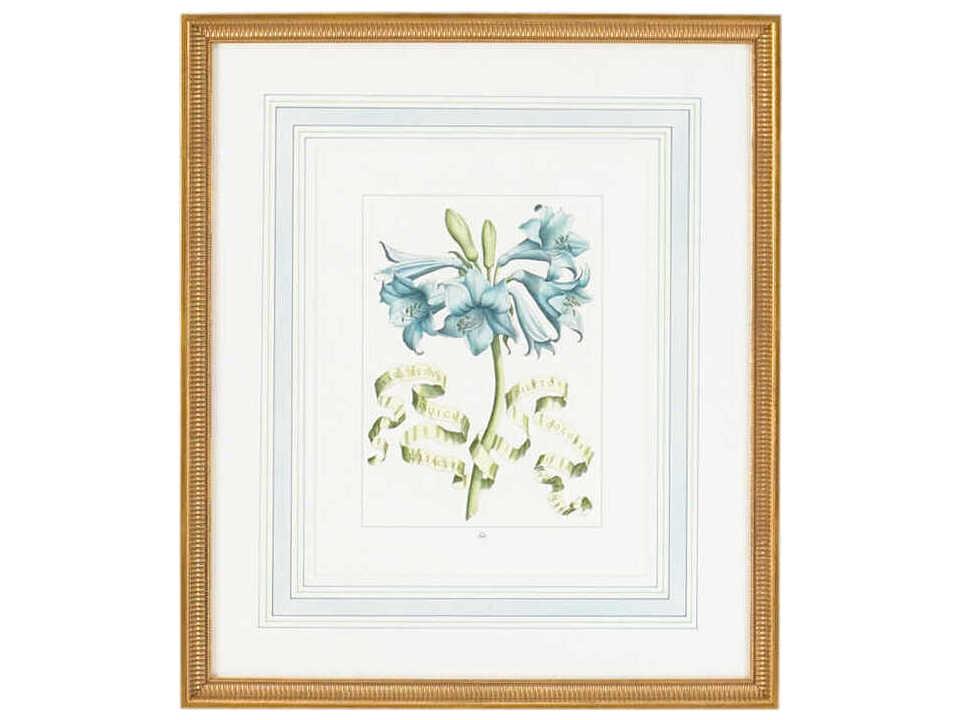 Blue Floral Hand Colored Engraving Wall Art with Gold Frame
