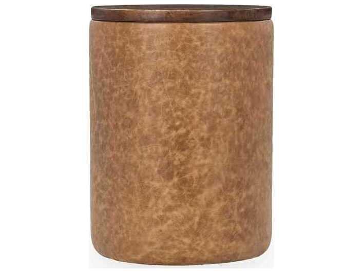 Andra Round End Table in Tan Brown Top Grain Leather and Wood