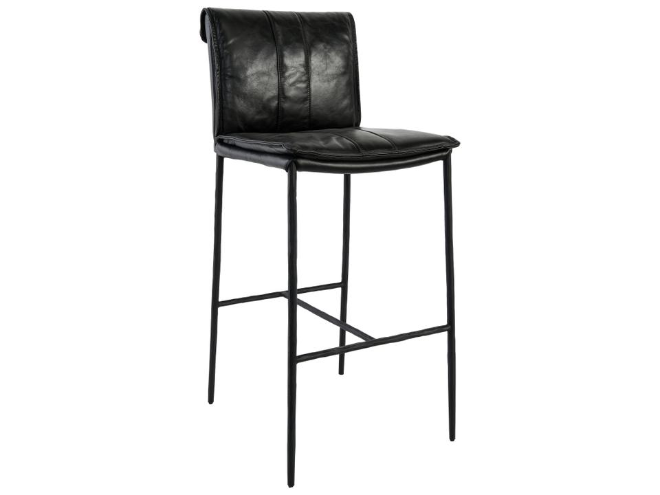 Mayer 30-Inch Top Grain Leather Bar Stool in Black with Hammered Iron Legs