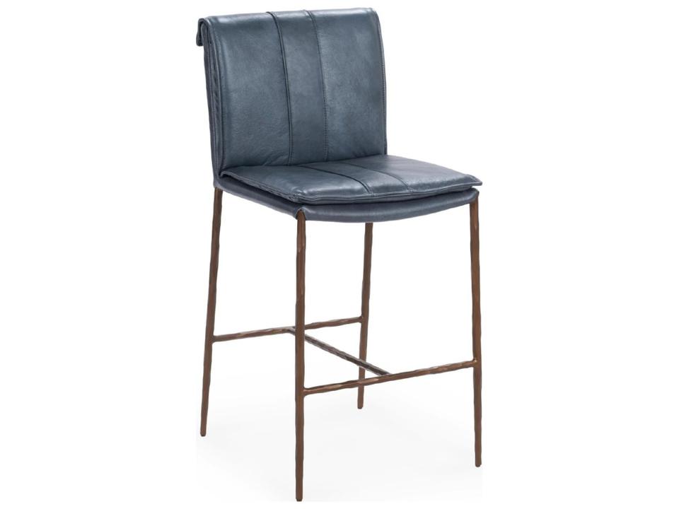 Mayer Leather Counter Stool in Ocean Blue with Hammered Iron Legs