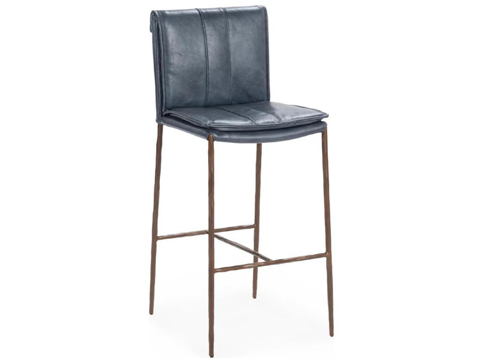 Mayer Leather Bar Stool in Ocean Blue with Hammered Iron Legs