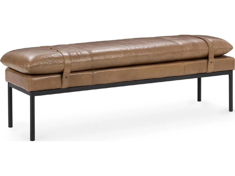 Celiah Tan Brown Top Grain Leather Accent Bench with Black Iron Base