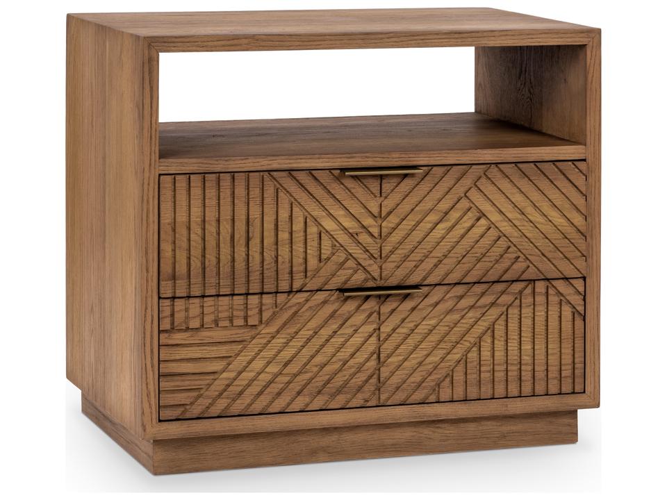 Santa Clara 2-Drawer Wood Night Stand in Brown Oak with Geometric Carvings