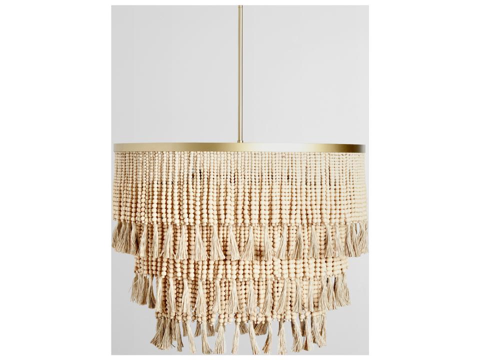 9-Light Brittany Beaded Chandelier in Natural Wood and Gold Iron