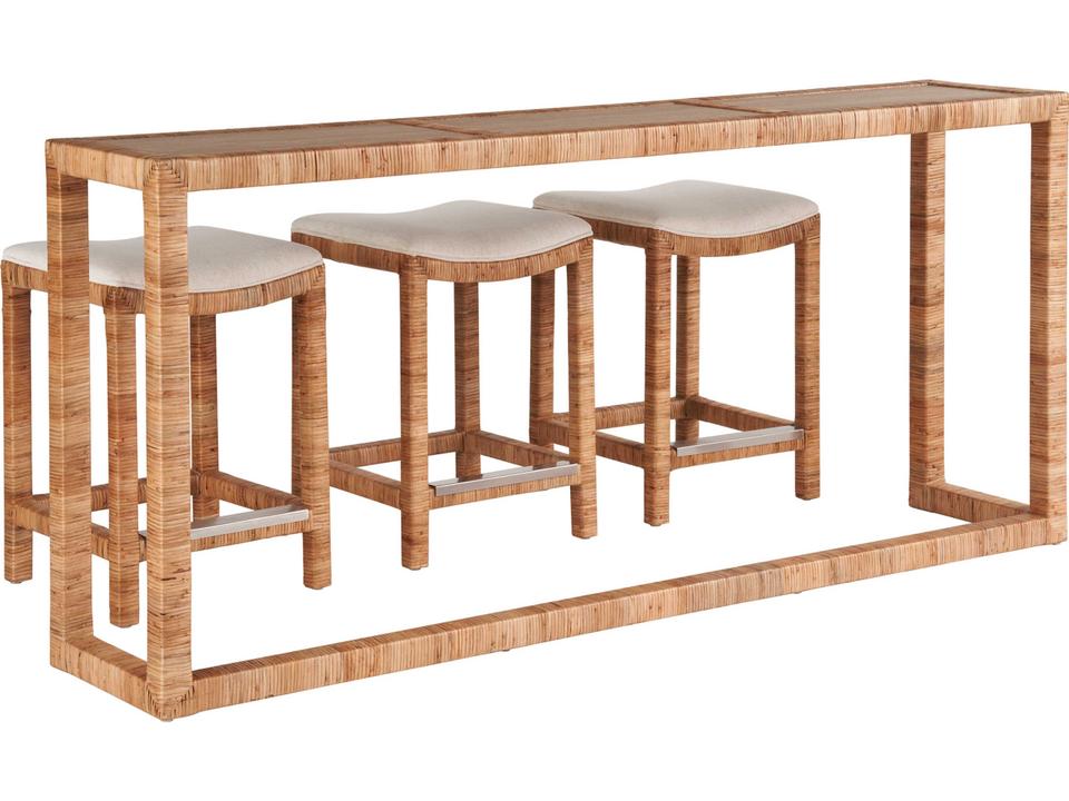 Weekender Rectangular 82-Inch Console Table with Stools in Natural Rattan and Travertine