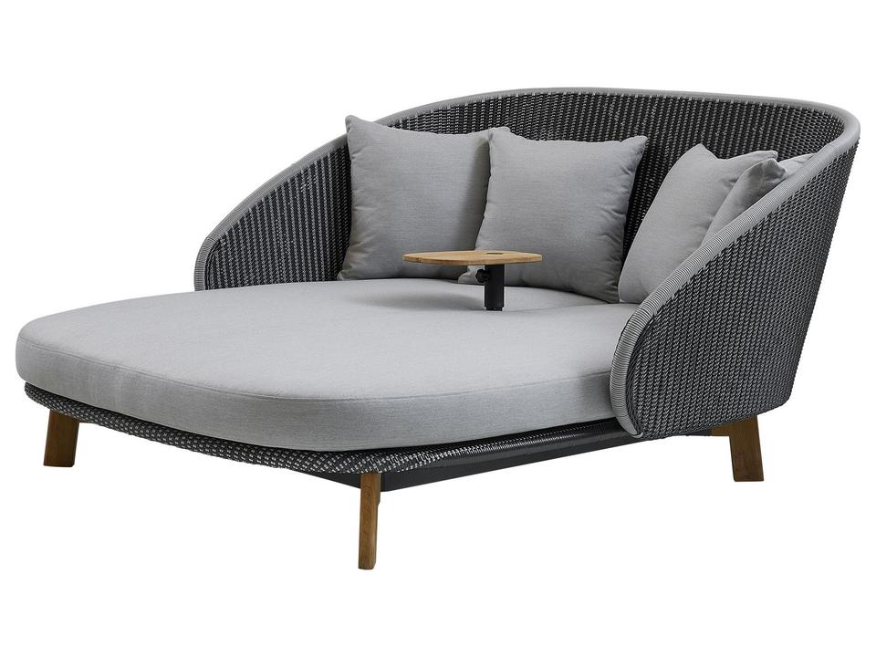 Peacock Lounge Daybed with Teak Legs and Integrated Table in Grey