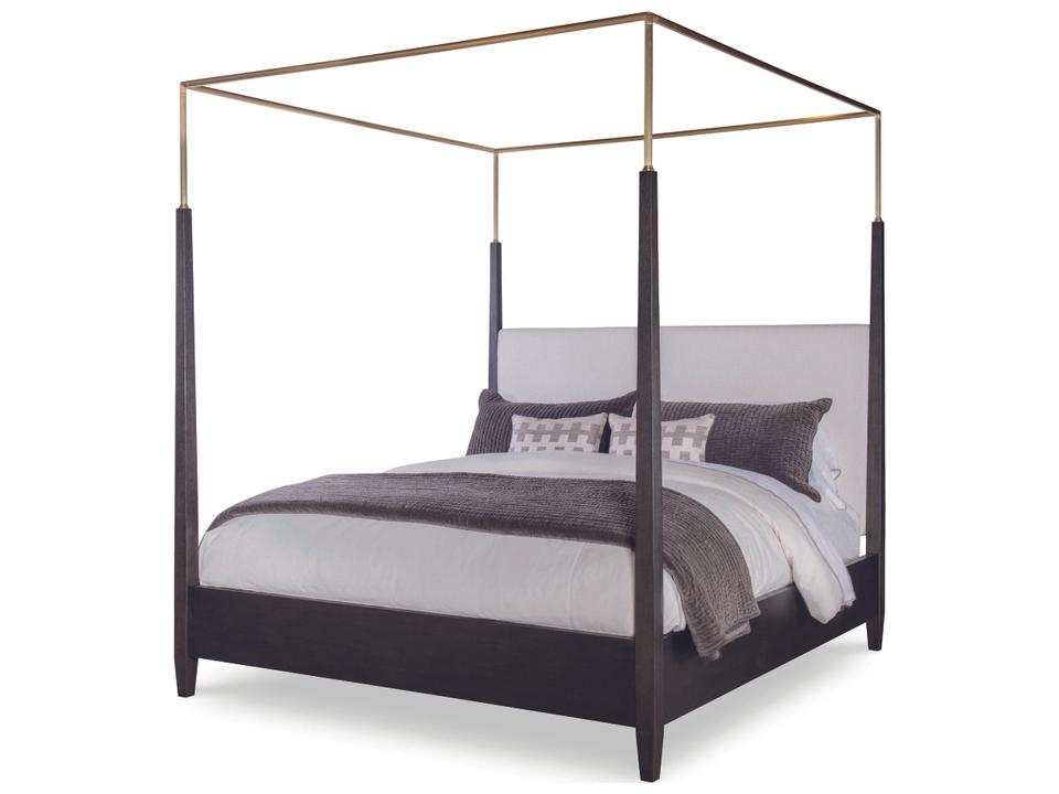 Cadence Mocha Antique Brass Brown Oak Wood King Canopy Bed