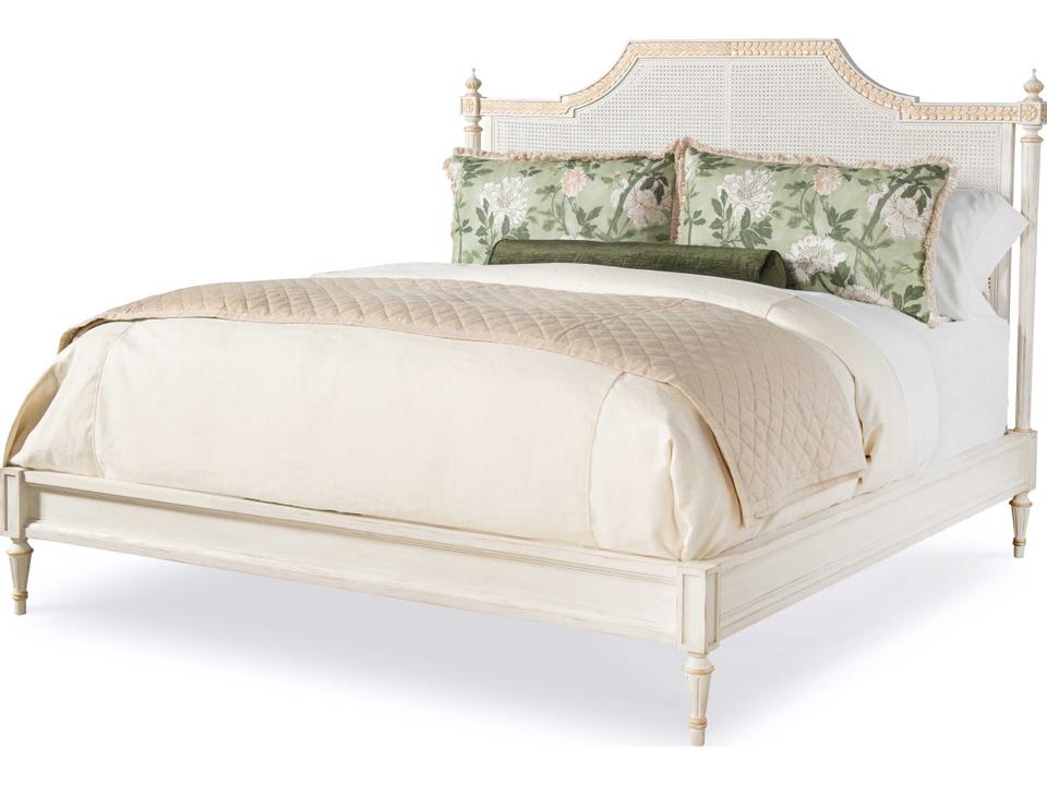 Emily King Bed with Cane Headboard in Whitewash and Gold