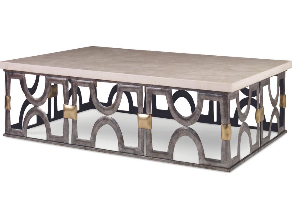 Grand Tour Rectangle Coffee Table in White Onyx Stone and Bronze