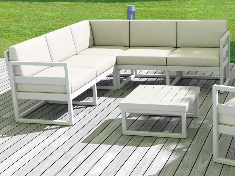 Mykonos 5-Person White Resin Corner Sectional Lounge Set with Natural Cushions