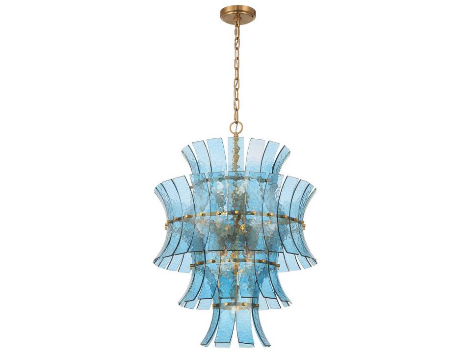 Abigail 13-Light Chandelier with Blue Curved Glass in Aged Brass